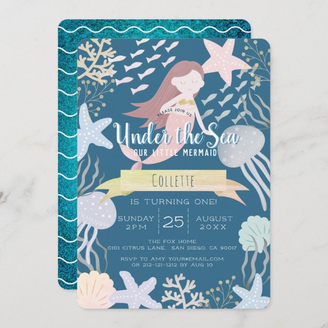Under the Sea Mermaid Navy 1st Birthday Invitation (Front/Back)