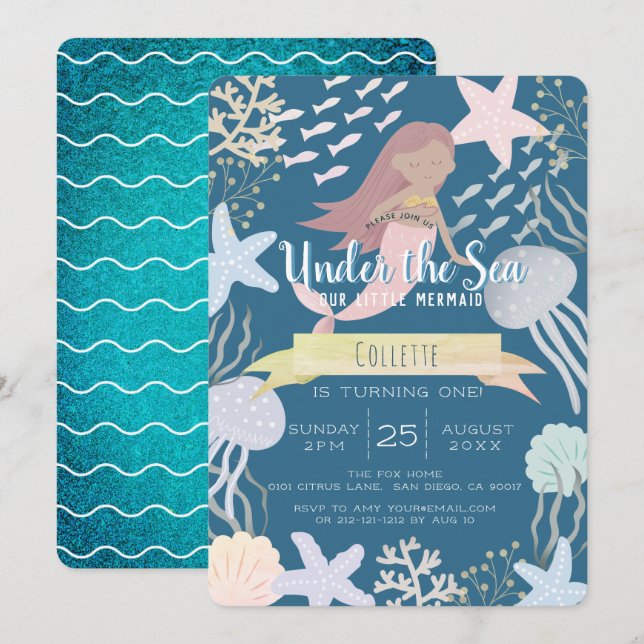 Under the Sea Mermaid Navy 1st Birthday Invitation (Front/Back)