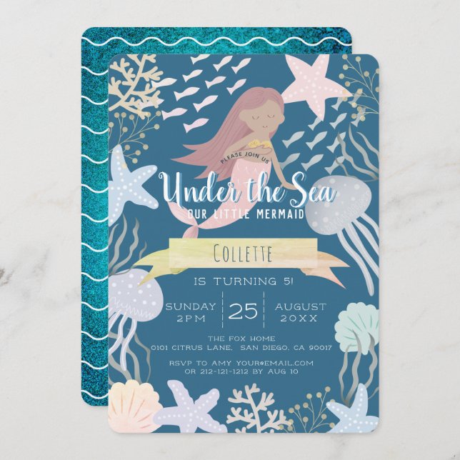 Under the Sea Mermaid Navy Birthday Invitation (Front/Back)