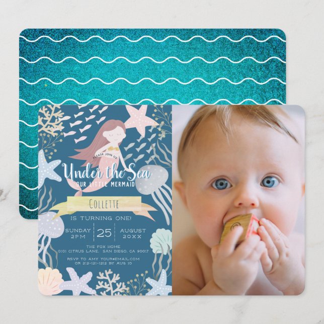 Under the Sea Mermaid Navy Photo 1st Birthday Invitation (Front/Back)