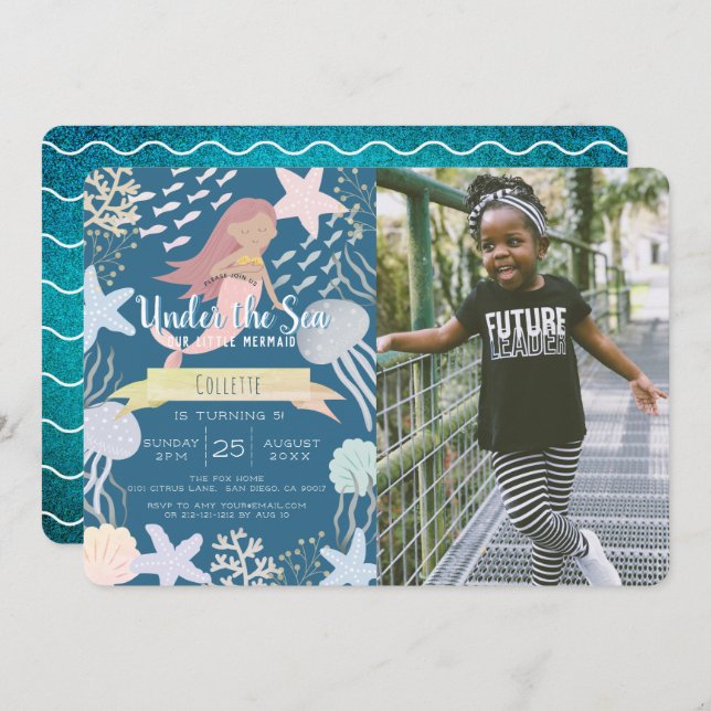 Under the Sea Mermaid Navy Photo Birthday Invitati Invitation (Front/Back)