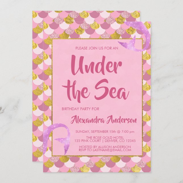 Under the Sea Mermaid Pink and Gold Birthday Invitation (Front/Back)