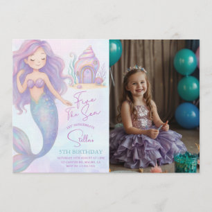 Under the Sea Mermaid Purple 5th Birthday Photo Invitation