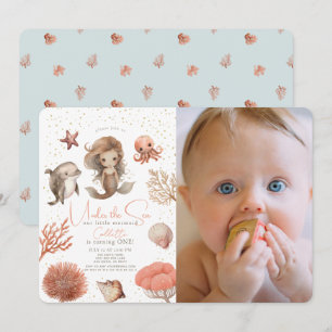 Under the Sea Mermaid Sea 1st Birthday Photo Invitation