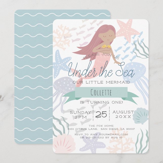 Under the Sea Mermaid Sea Green 1st Birthday Invit Invitation (Front/Back)