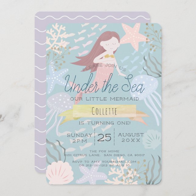 Under the Sea Mermaid Sea Green 1st Birthday Invitation (Front/Back)