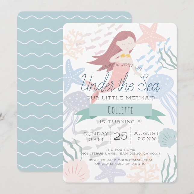 Under the Sea Mermaid Sea Green Birthday Invitation (Front/Back)