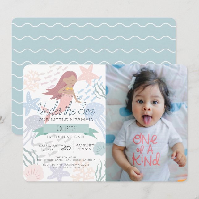 Under the Sea Mermaid Sea Green Photo 1st Birthday Invitation (Front/Back)