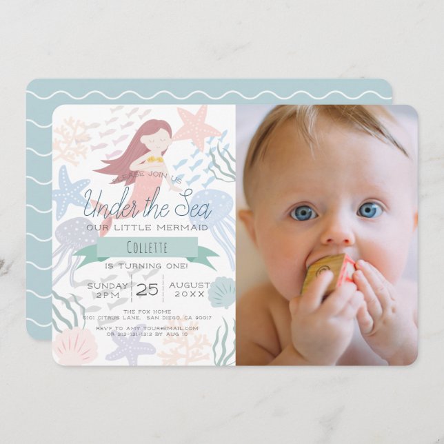 Under the Sea Mermaid Sea Green Photo 1st Birthday Invitation (Front/Back)