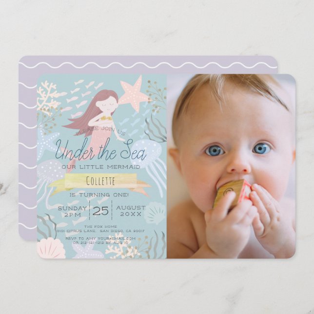 Under the Sea Mermaid Sea Green Photo 1st Birthday Invitation (Front/Back)