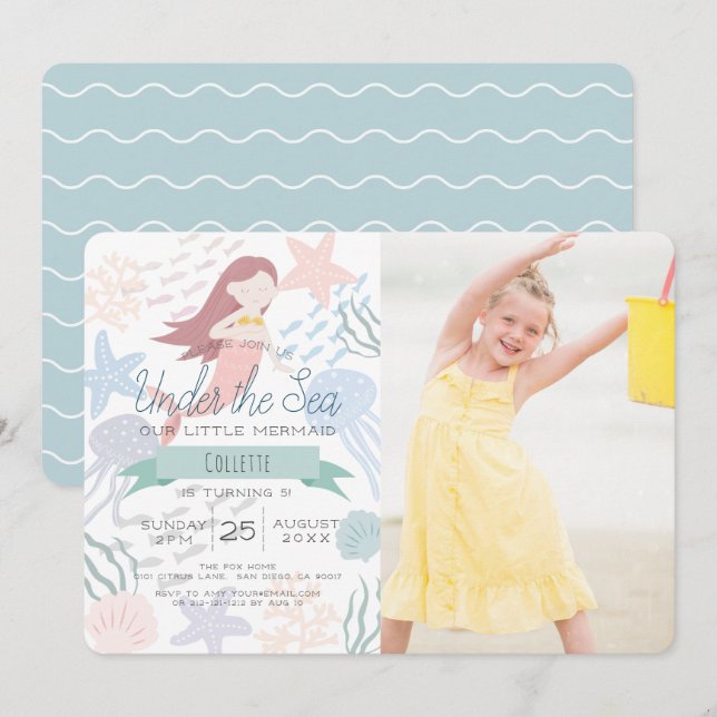 Under the Sea Mermaid Sea Green Photo Birthday Invitation (Front/Back)