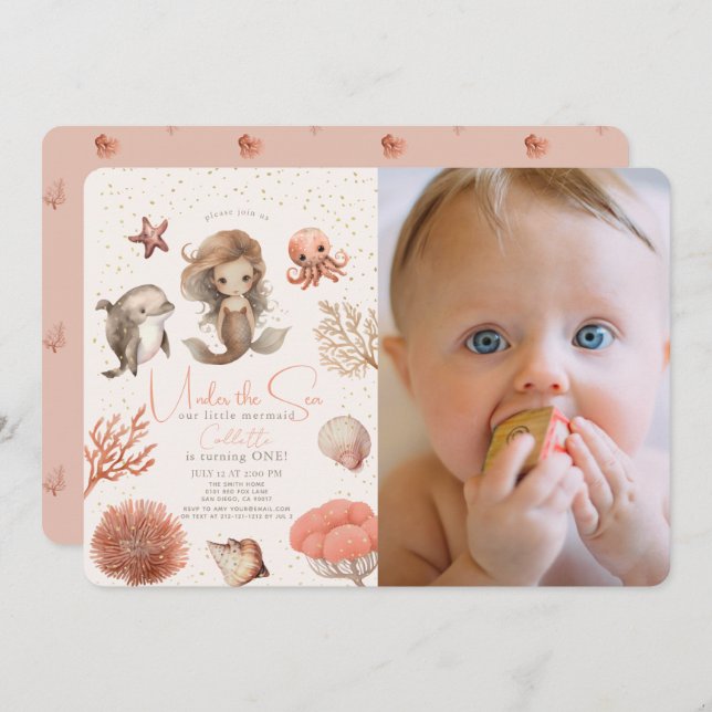 Under the Sea Mermaid Sea Pink 1st Birthday Photo Invitation (Front/Back)
