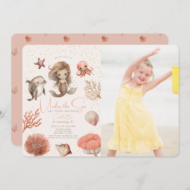 Under the Sea Mermaid Sea Pink Birthday Photo Invitation (Front/Back)
