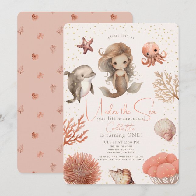 Under the Sea Mermaid Sea Pink Girl 1st Birthday Invitation (Front/Back)