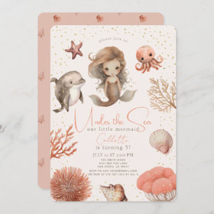 Under the Sea Mermaid Sea Watercolor Pink Birthday Invitation