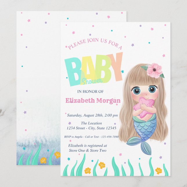 Under The Sea,Mermaid Seashell Star Baby Shower Invitation (Front/Back)