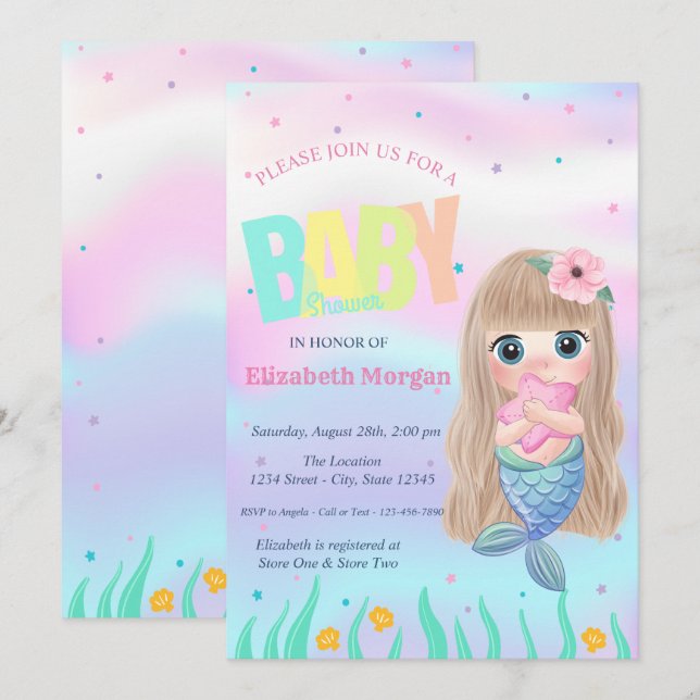 Under The Sea,Mermaid Star Holographic Baby Shower Invitation (Front/Back)