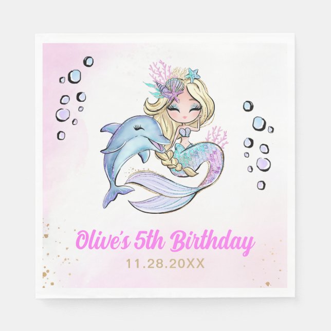 Under the Sea Mermaid Themed 5th Birthday Napkin (Front)
