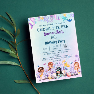 Under the sea mermaid themed blue 5th birthday invitation