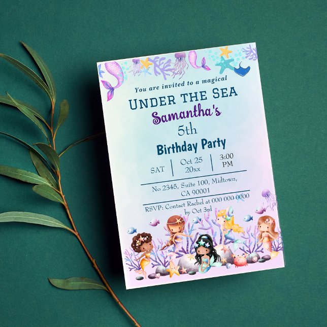 Under the sea mermaid themed blue 5th birthday invitation (Creator Uploaded)
