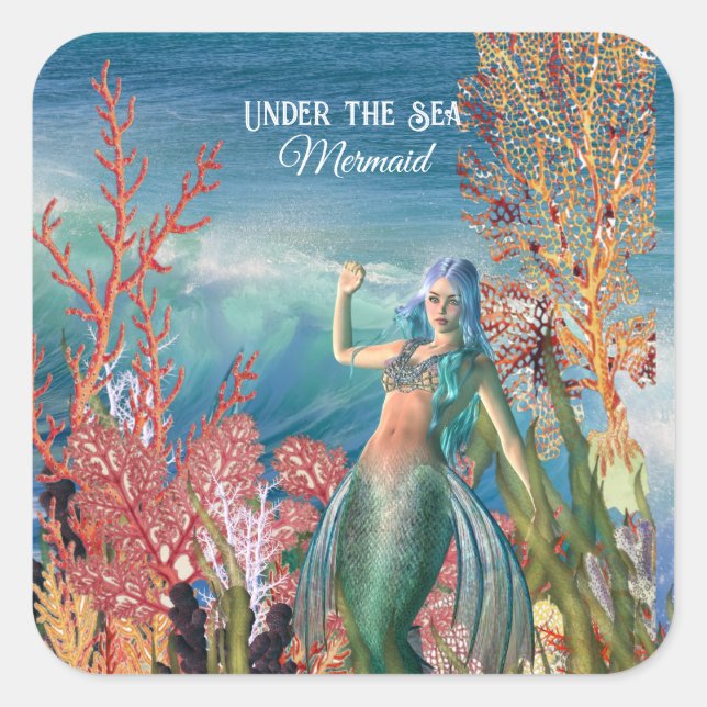 Under The Sea Mermaid Tropical Coral Reef Birthday Square Sticker (Front)