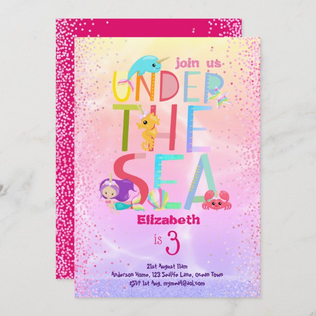 Under The Sea Mermaid Unicorn Pink Glitter Girls Invitation (Front/Back)