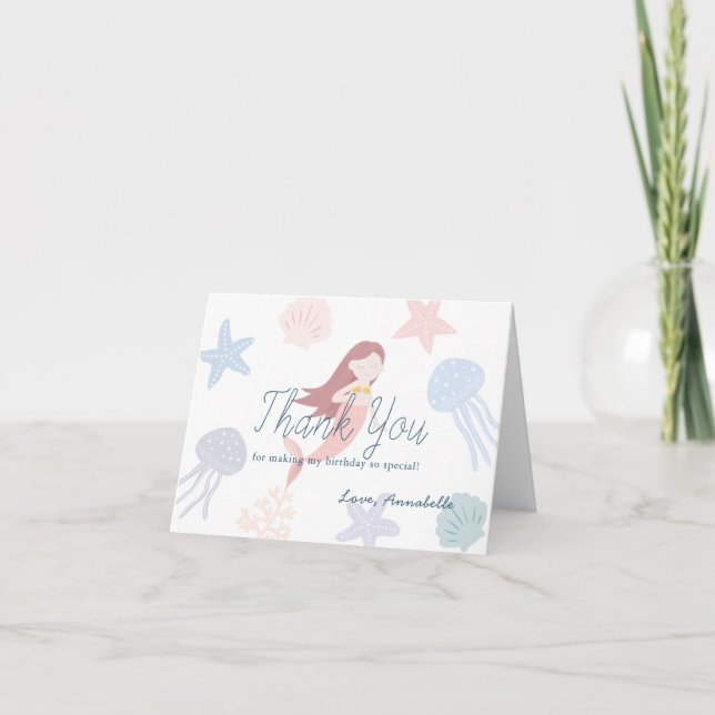 Under the Sea Mermaid White Birthday Thank You Card (Front)