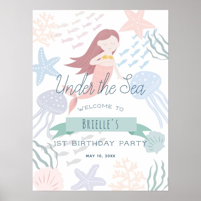 Under the Sea Mermaid White Birthday Welcome Poster (Front)