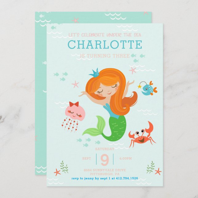 Under the Sea Mermaid with Red Hair Kids Birthday Invitation (Front/Back)