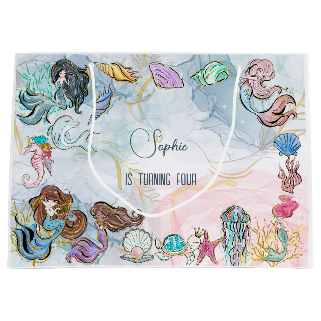 Under the sea Mermaids kids birthday Large Gift Bag (Front)
