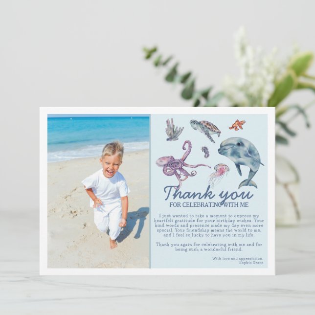 Under the Sea Modern Kids Photo Birthday Thank You Card (Standing Front)