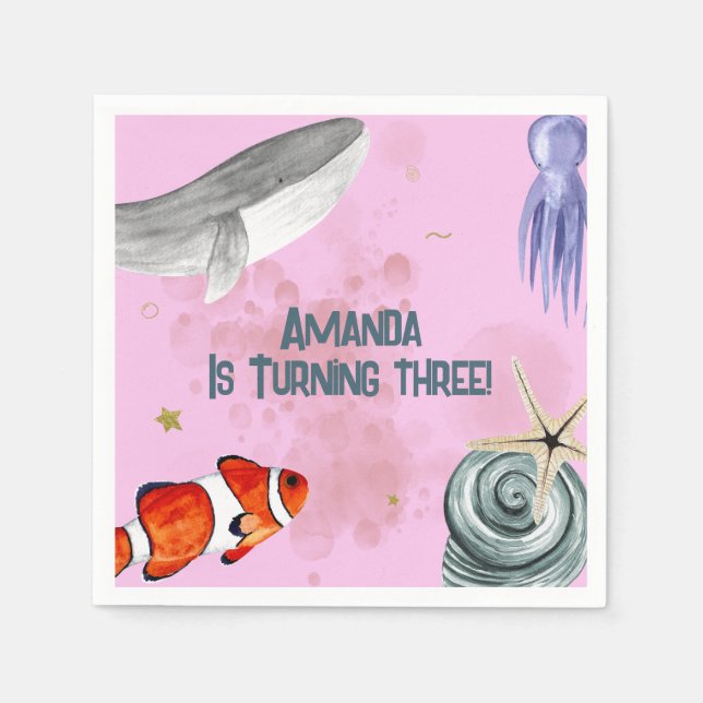 Under The Sea Nautical Kids Birthday Party Pink  Napkin (Front)