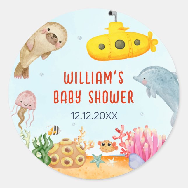 Under The Sea Nautical Marine Baby Shower  Classic Round Sticker (Front)