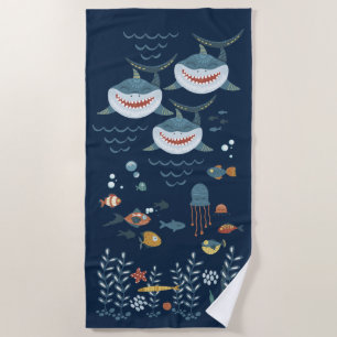 Under the sea nautical shark marine fish beach towel