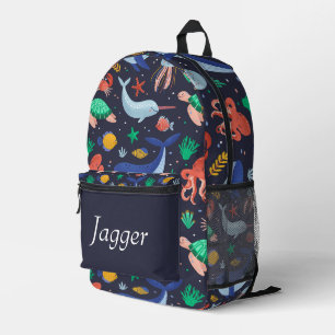 Under the Sea Navy Blue Monogram Name Printed Backpack