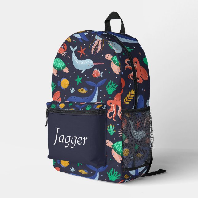 Under the Sea Navy Blue Monogram Name Printed Backpack (Back Corner Right)