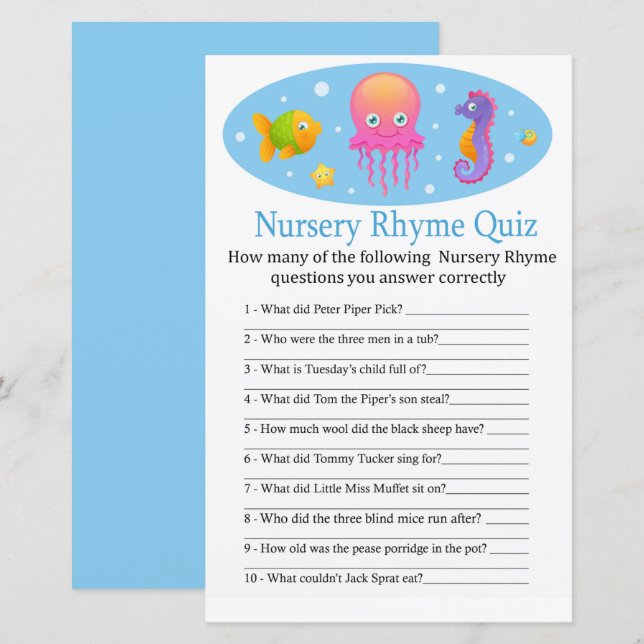 Under the sea Nursery Rhyme Quiz baby shower game (Front/Back)