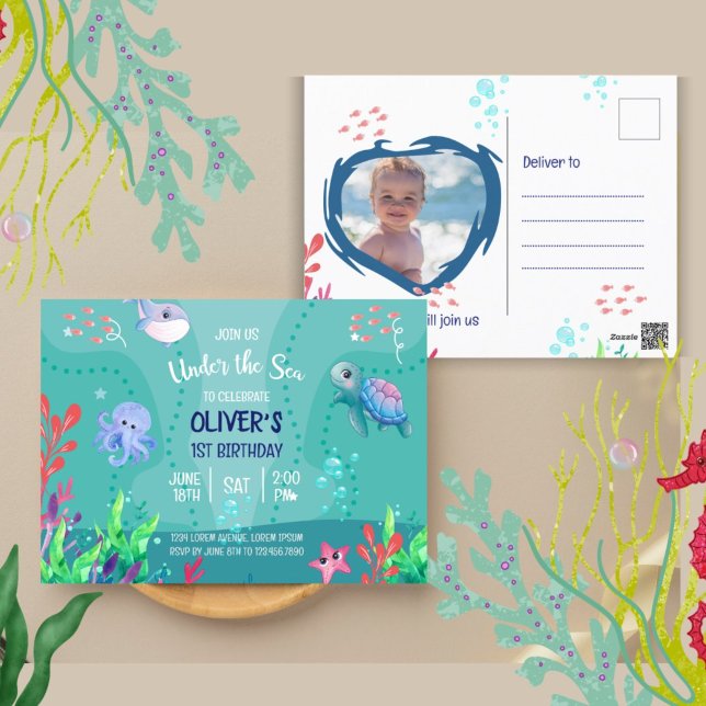Under The Sea Ocean 1st Baby Boy Birthday  Postcard (Creator Uploaded)