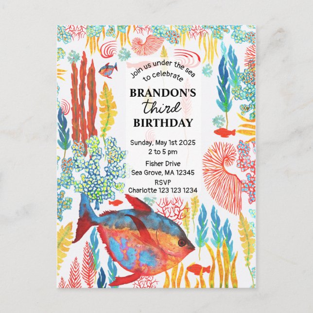 Under The Sea Ocean Animal watercolor Birthday  Invitation Postcard (Front)