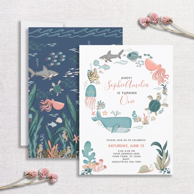 Under the Sea Ocean Animals 1st Birthday Script Invitation (Creator Uploaded)