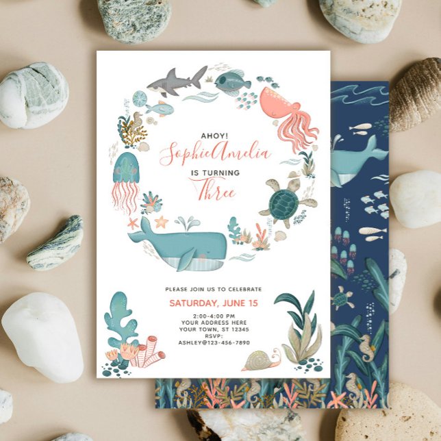 Under the Sea Ocean Animals 3rd Birthday Script Invitation (Creator Uploaded)