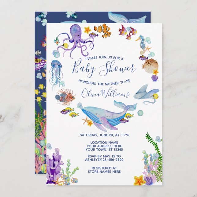 Under the Sea Ocean Animals Baby Shower Script Invitation (Front/Back)