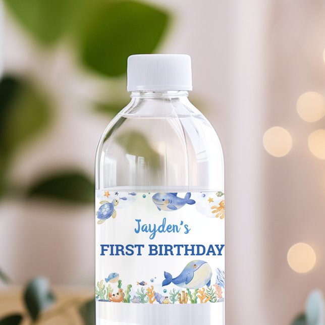 Under the Sea Ocean Animals Boy Birthday Water Bottle Label (Creator Uploaded)
