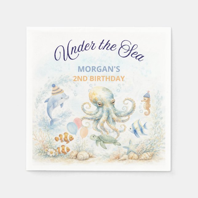 Under the Sea Ocean Animals Octopus Birthday Napkin (Front)