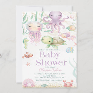  Under The Sea Ocean Animals purple baby shower Invitation