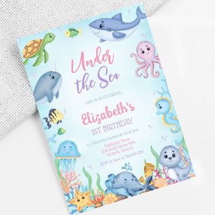 Under the Sea Ocean Animals Theme Birthday Invitation