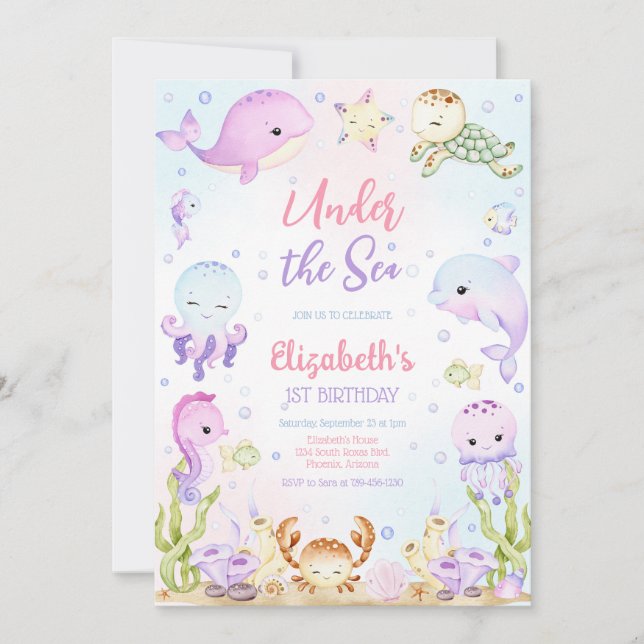 Under the Sea Ocean Animals Theme Birthday Invitation (Front)