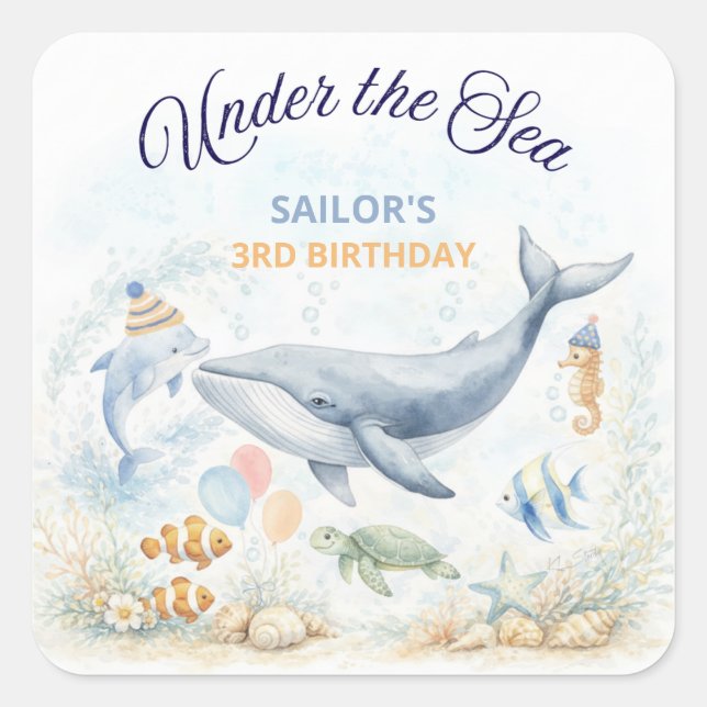 Under the Sea Ocean Animals Whale Birthday Square Sticker (Front)
