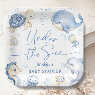 Under The Sea Ocean Baby Shower Boy Dusty Blue Paper Plate