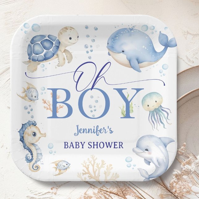 Under The Sea Ocean Baby Shower Oh Boy Blue Paper Plate (Creator Uploaded)